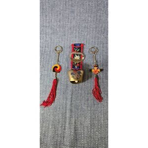 Vintage Swiss Cowbell and Vintage Enamel Asian Korea Keychains